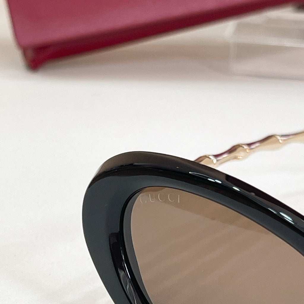 Gucci sunglasses close-up: black oval lens frame with gold temple arm