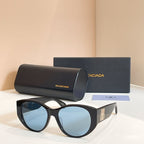 Black sunglasses with light blue lenses, with black case