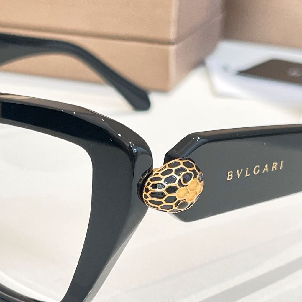 Bvlgari glasses close-up with black temples and gold honeycomb detail