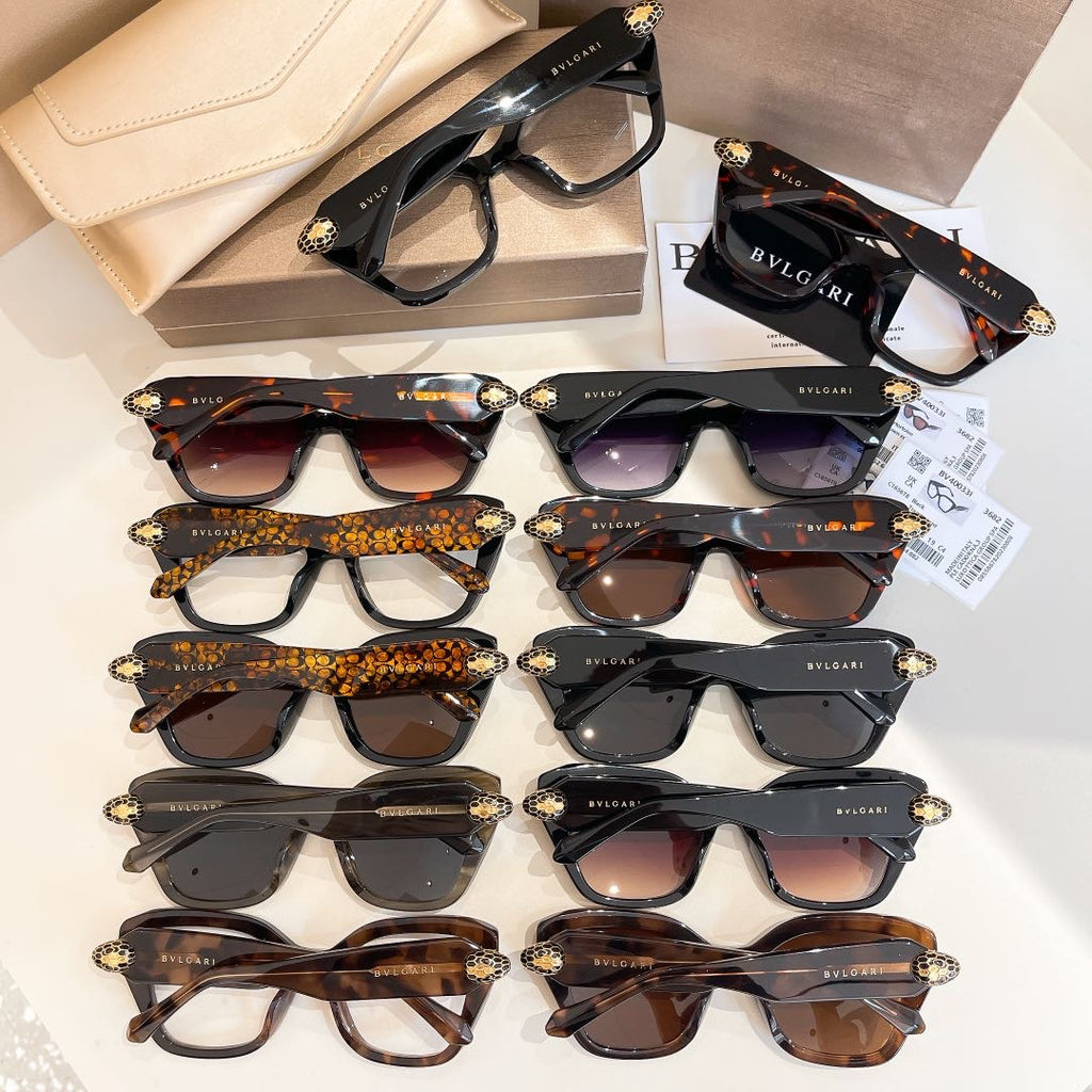 Bvlgari glasses assortment with tortoiseshell and black frames and tinted lenses