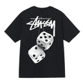 Stussy black T-shirt with white dice graphic and script logo on front