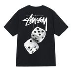 Stussy black T-shirt with white dice graphic and script logo on front