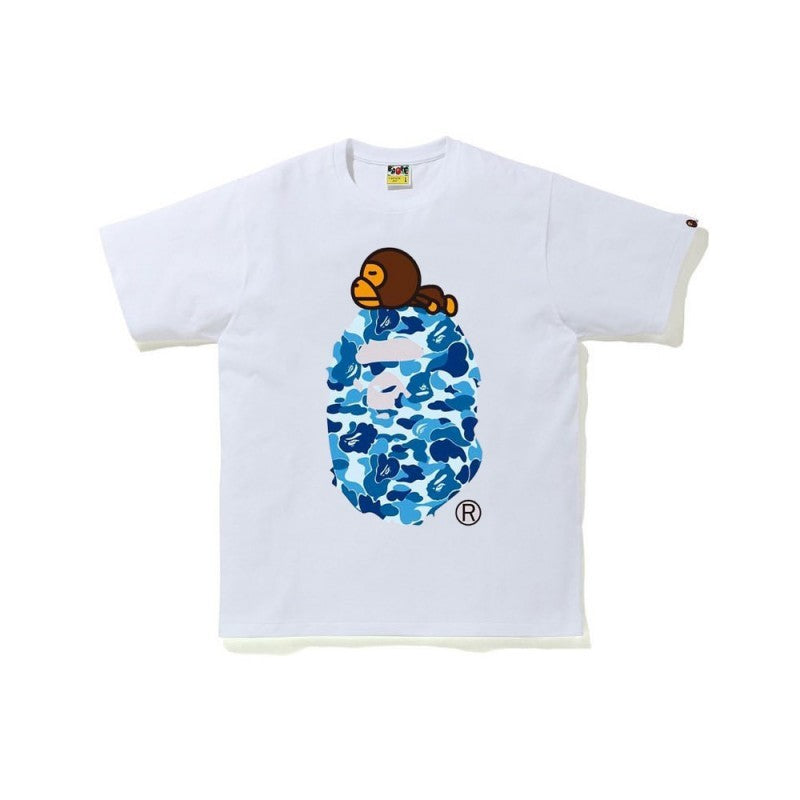 White Bape graphic T-shirt with blue camo ape head front