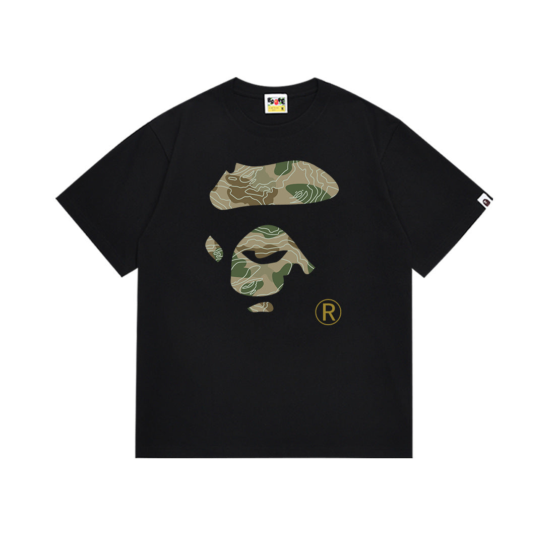 Bape black crew-neck T-shirt with camouflage ape graphic