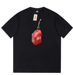 Stussy T-shirt, black with red bottle graphic at center
