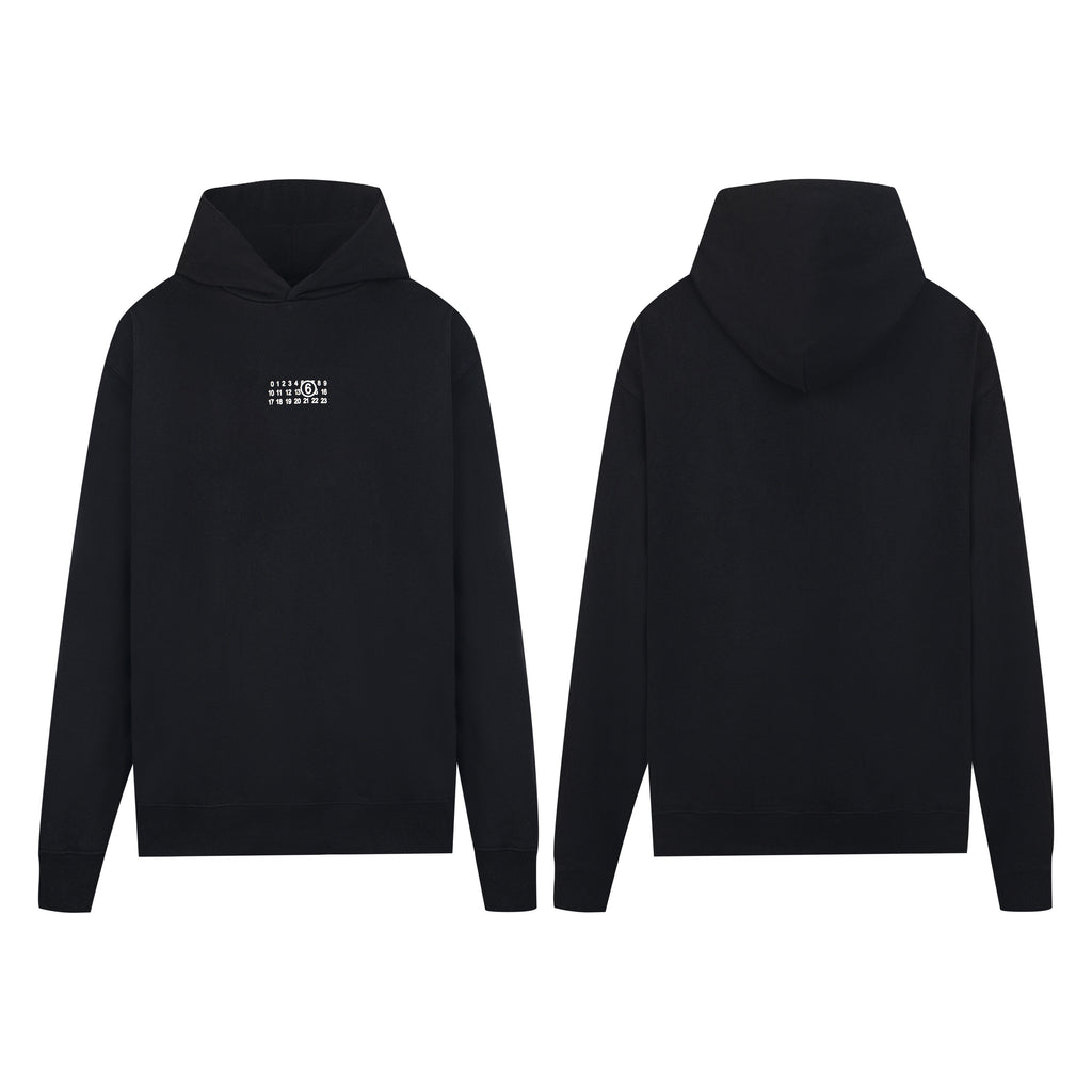 Black Maison Margiela logo hoodie, front and back views