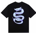 Black T-shirt with purple snake graphic and INTL STUSSY TRIBE lettering