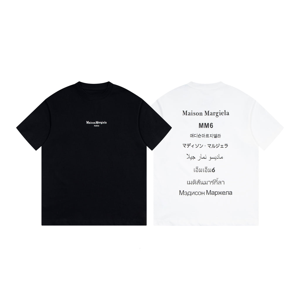 Black and white crewneck T-shirts with Maison Margiela MM6 prints
