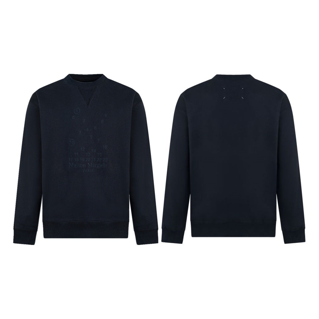 Dark navy crewneck sweatshirt with small Maison Margiela logo on chest