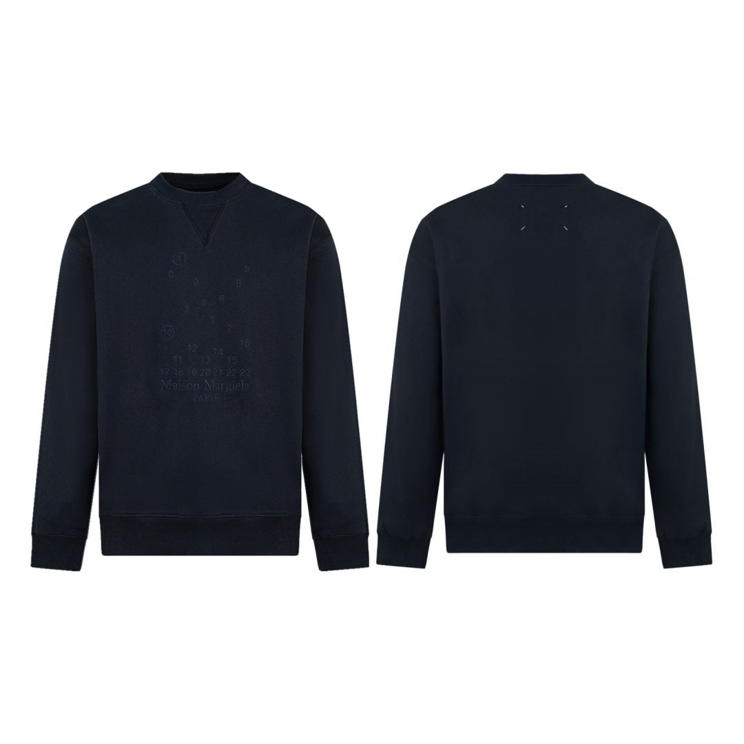 Dark navy crewneck sweatshirt with small Maison Margiela logo on chest