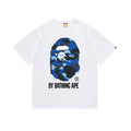 White BAPE T-shirt with blue camo ape graphic
