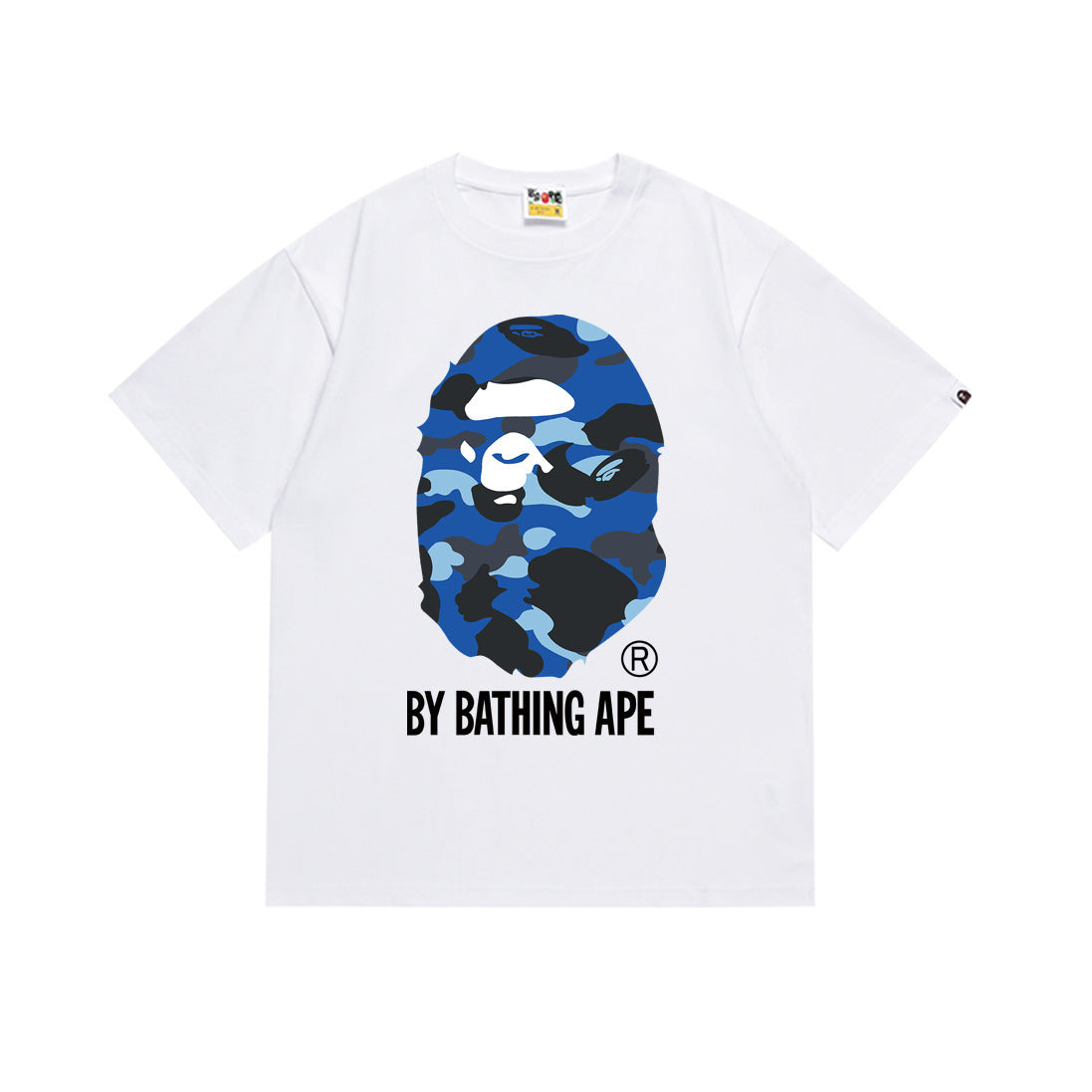 White BAPE T-shirt with blue camo ape graphic
