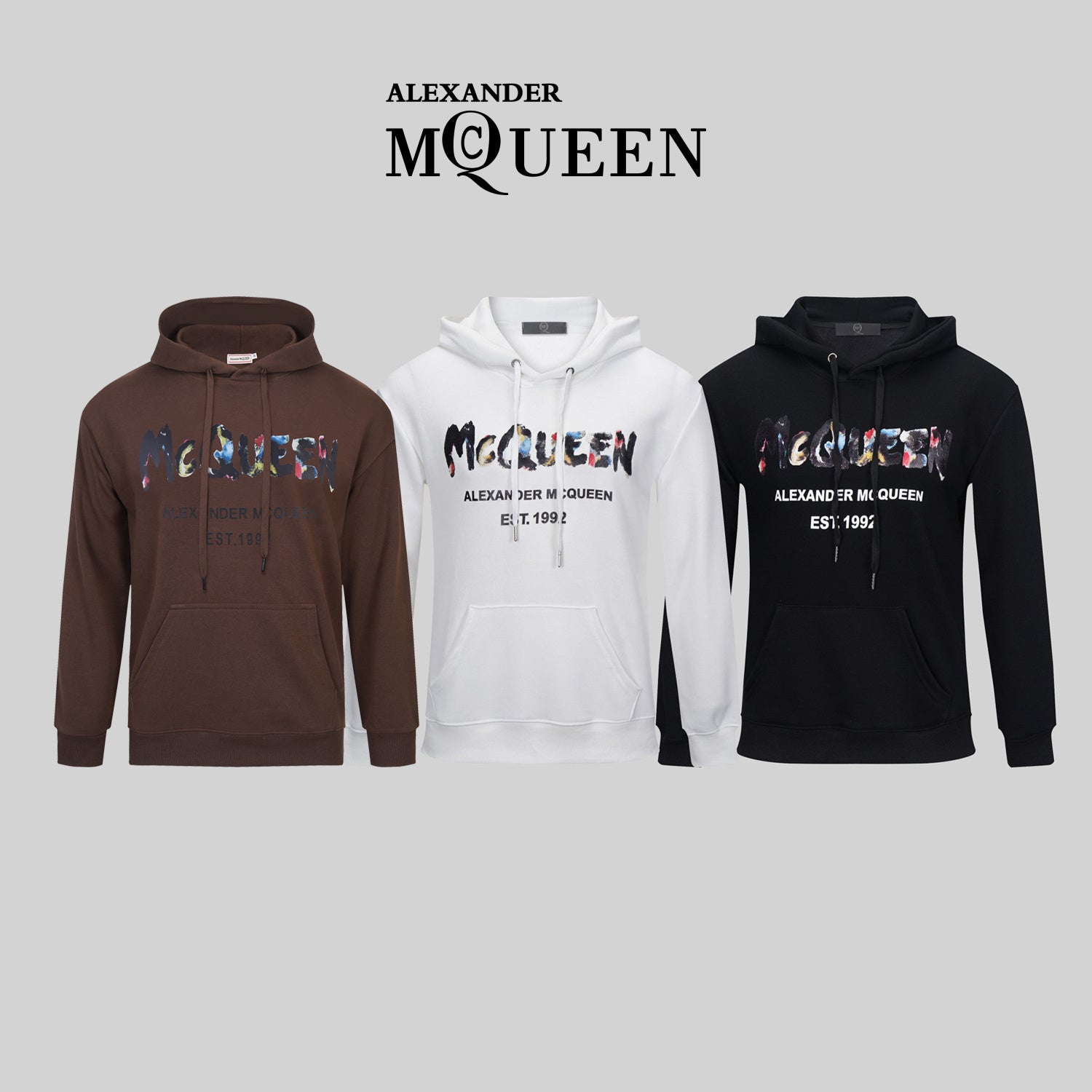 Graphic pullover hoodie with hood and kangaroo pocket, colorful Alexander McQueen logo