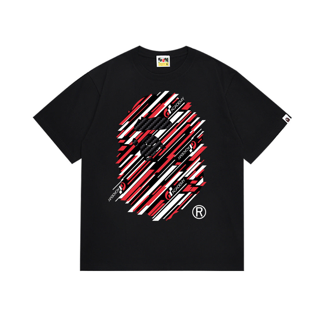 Bape black short-sleeve T-shirt with multicolor striped face graphic