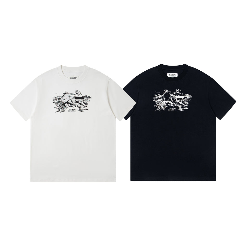 Maison Margiela white and black T-shirts with matching chest graphic prints