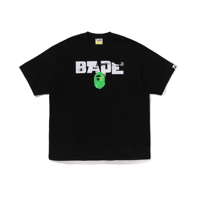 Black BAPE T-shirt with BAPE logo and green ape graphic
