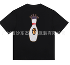 Black Stussy graphic T-shirt with back neck and large bottle illustration