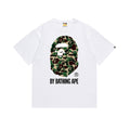 White T-shirt with green camouflage ape graphic and BY BATHING APE logo