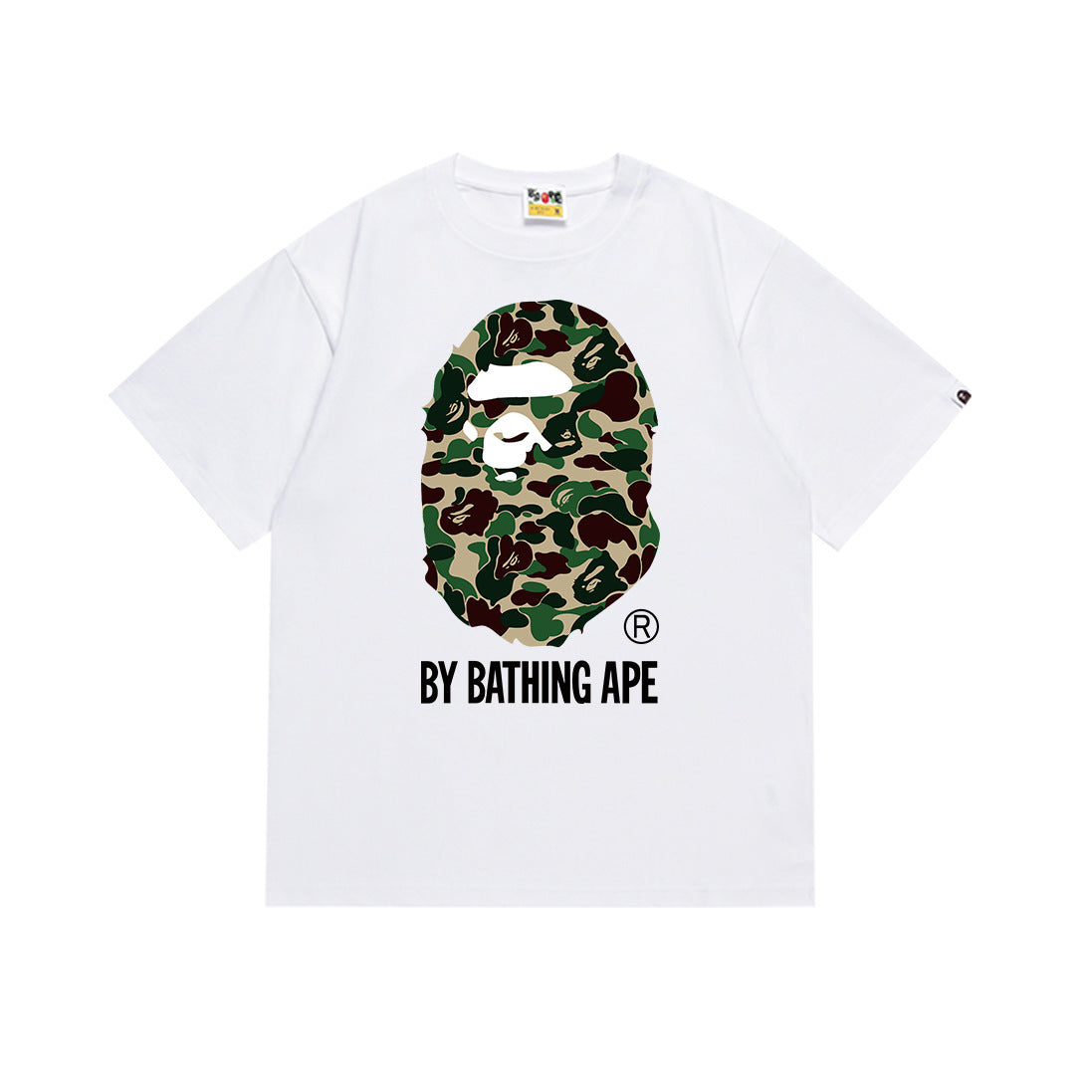 White T-shirt with green camouflage ape graphic and BY BATHING APE logo