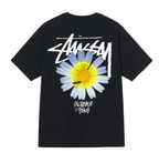 Black graphic T-shirt with blue-yellow daisy front print and Stussy logo