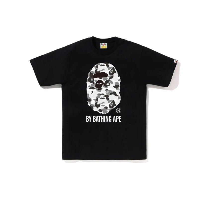 Black Bape T-shirt with camo ape face graphic and BY BATHING APE text