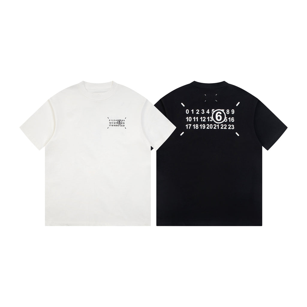 Two crew-neck T-shirts, white and black, with numeric front graphic prints