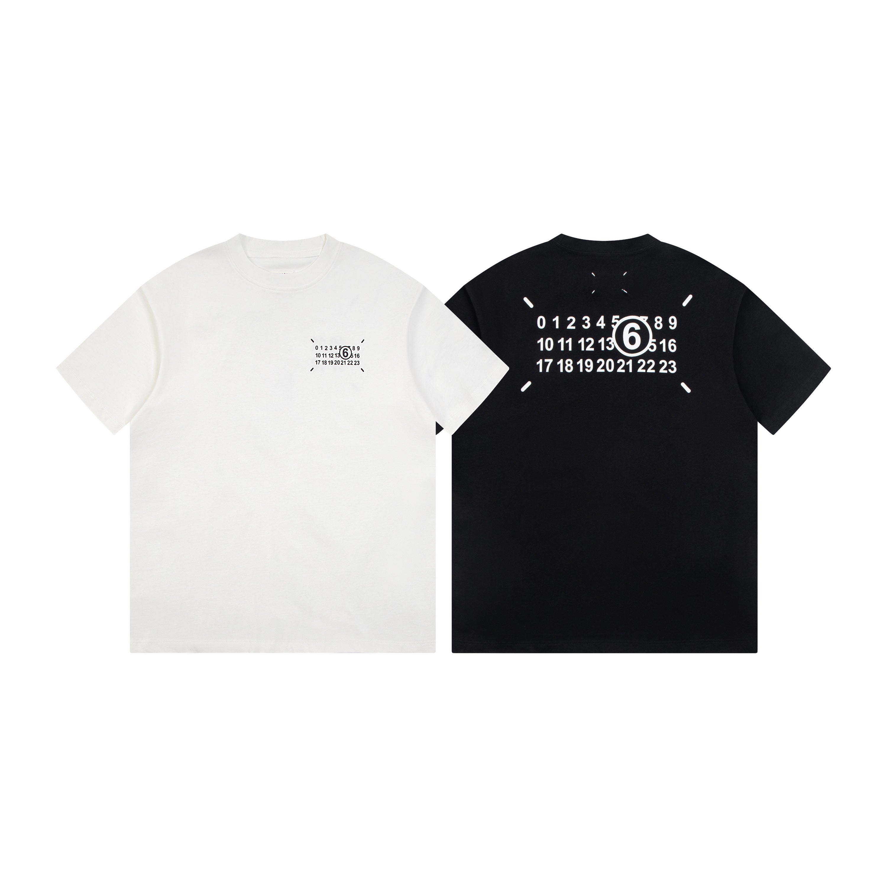 Two crew-neck T-shirts, white and black, with numeric front graphic prints