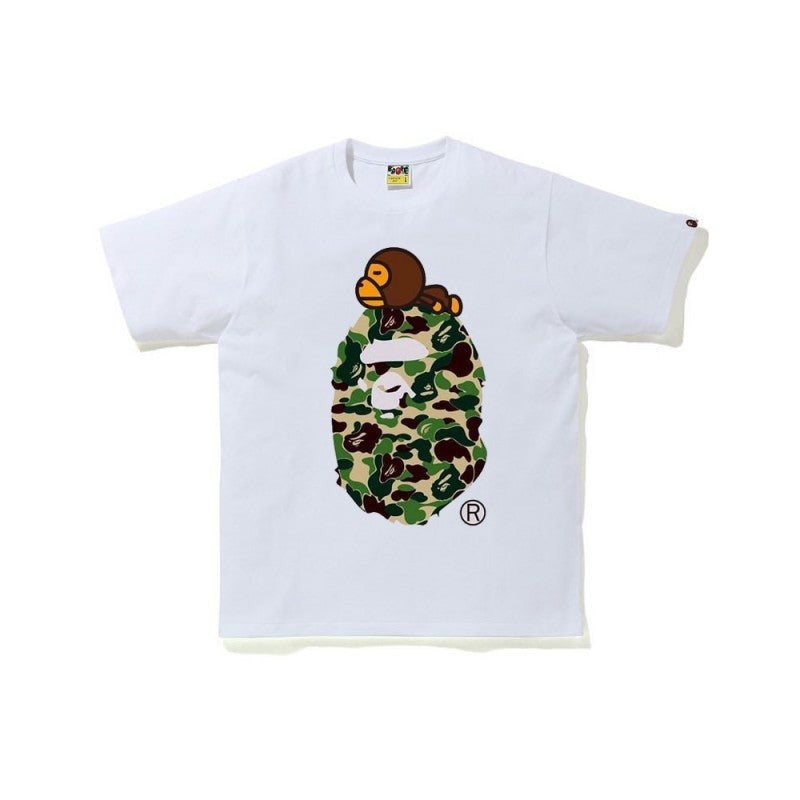 Bape white crewneck T-shirt with colorful camo ape graphic on front