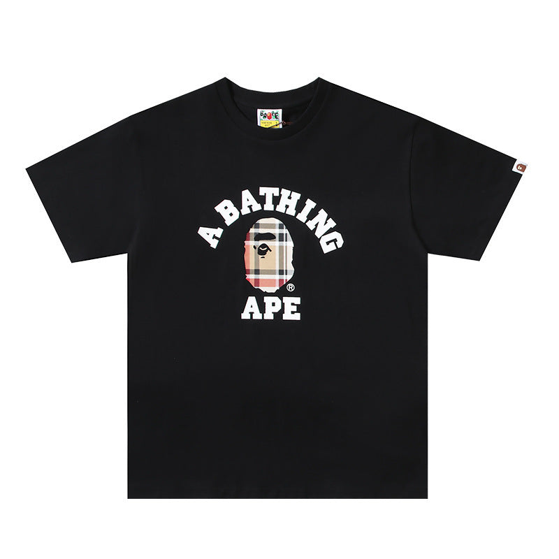 Black crewneck T-shirt with BAPE ape logo graphic on chest
