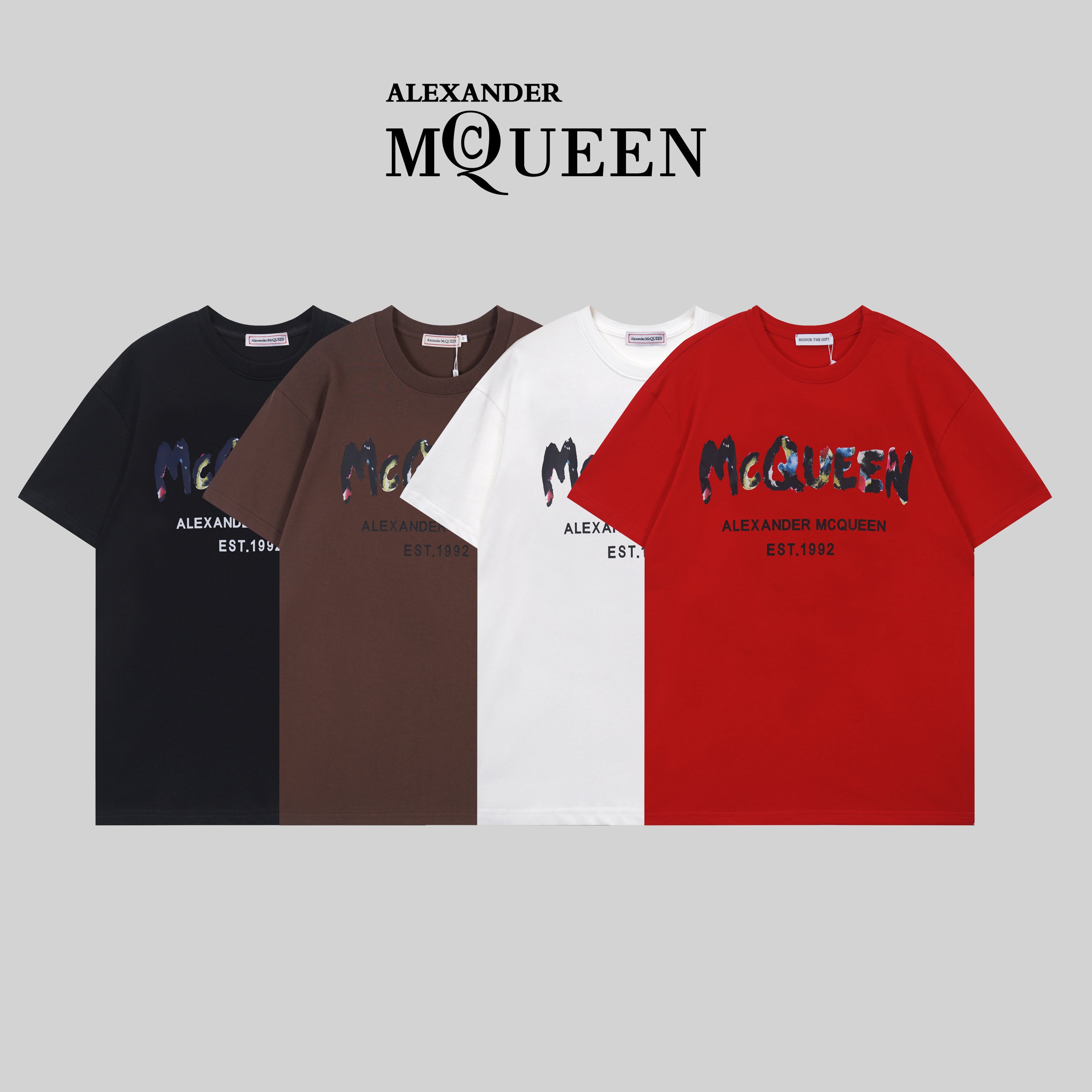Alexander McQueen T-shirt set: black, brown, white, red with McQueen logo print