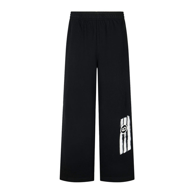 Black wide-leg pants with side logo patch and elastic waistband
