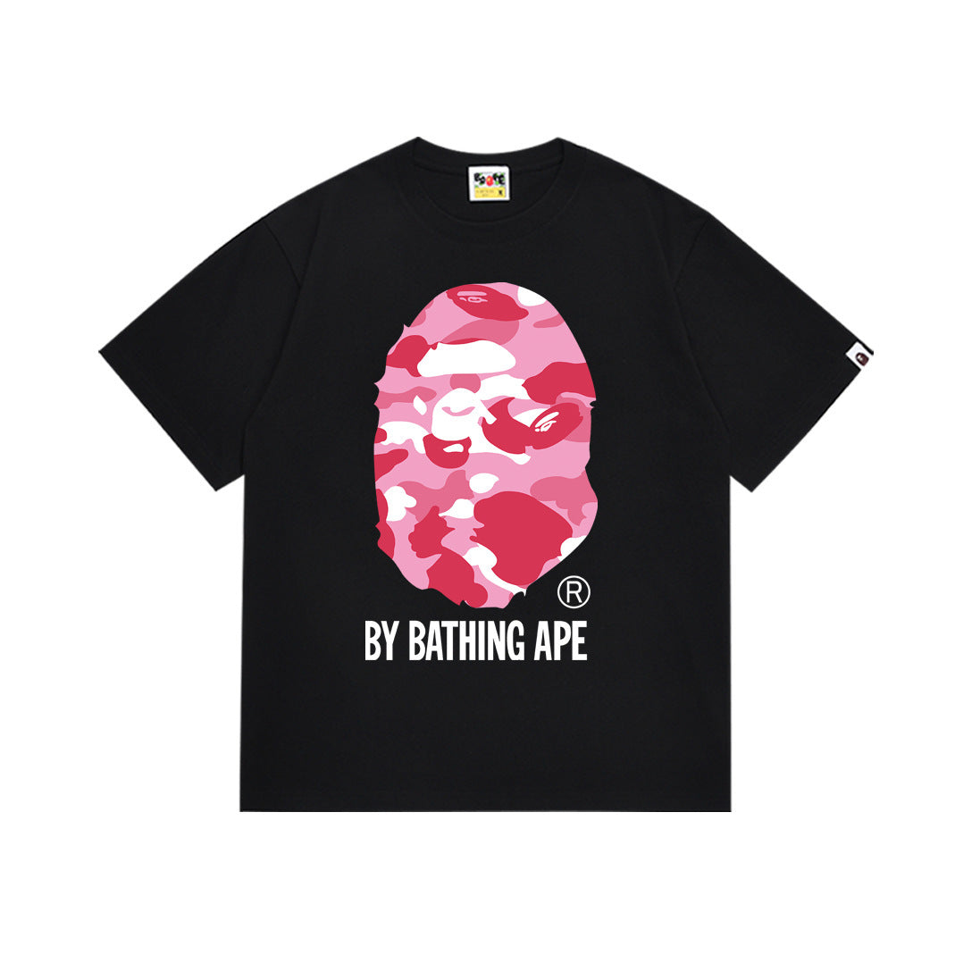 Black Bape T-shirt with pink camouflage face graphic and 'BY BATHING APE' print