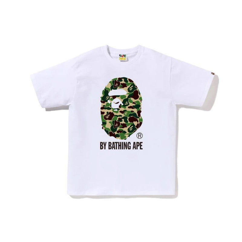 White Bape T-shirt with camo ape graphic and BY BATHING APE logo