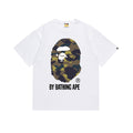 White short-sleeve T-shirt with camo ape graphic and BY BATHING APE print