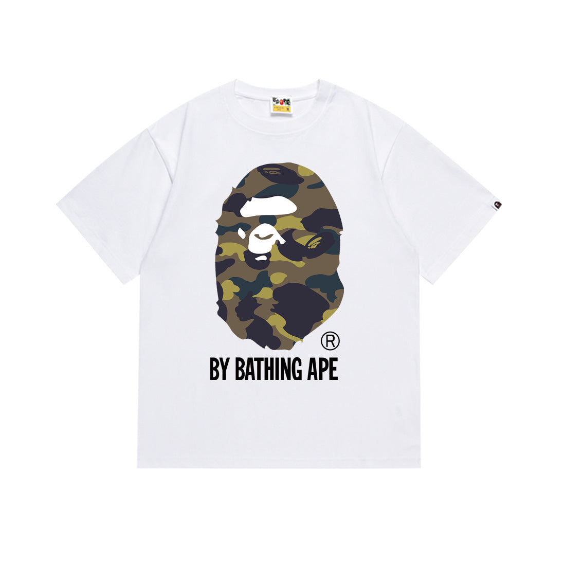 White short-sleeve T-shirt with camo ape graphic and BY BATHING APE print