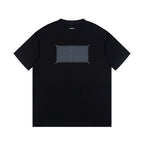 Black short-sleeve T-shirt with gray rectangular graphic on the chest
