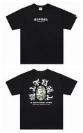 Black BAPE crewneck T-shirt with white graphic logo print on front and back