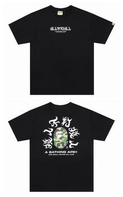 Black BAPE crewneck T-shirt with white graphic logo print on front and back
