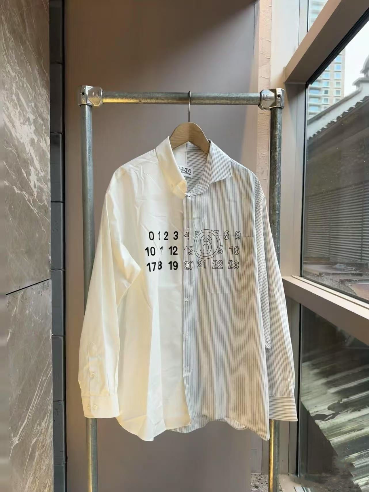 Maison Margiela white button-up shirt with point collar and number graphic front