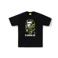 Black BAPE short-sleeve crewneck T-shirt with camo ape graphic and logo print