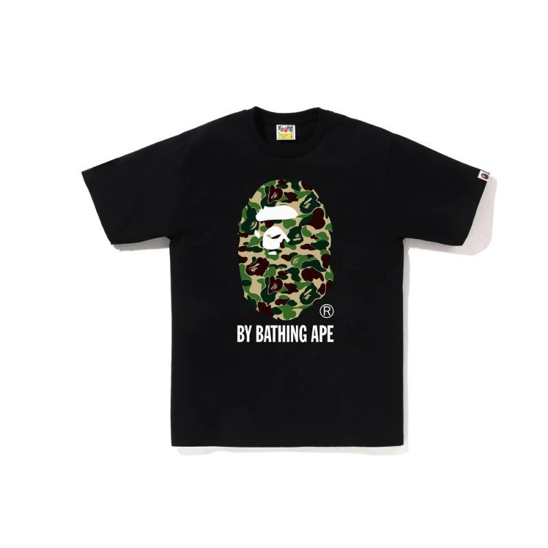 Black BAPE short-sleeve crewneck T-shirt with camo ape graphic and logo print