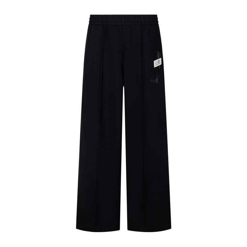 Dark wide-leg trousers with pleated front and elastic waistband