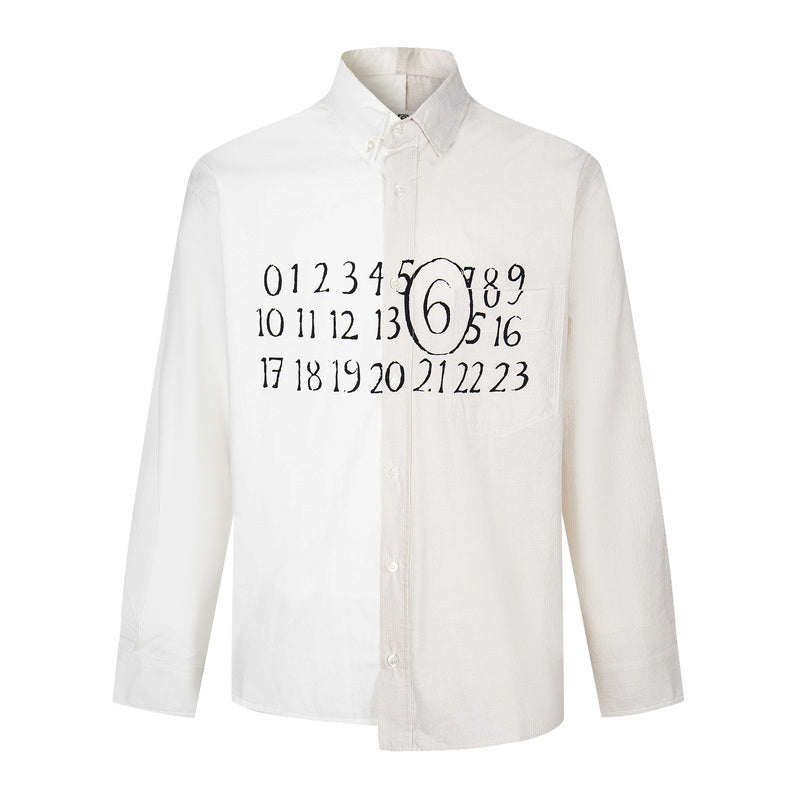 White button-up shirt with black number print across the front; long sleeves