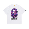 White Bape T-shirt with purple camo ape graphic and BY BATHING APE print