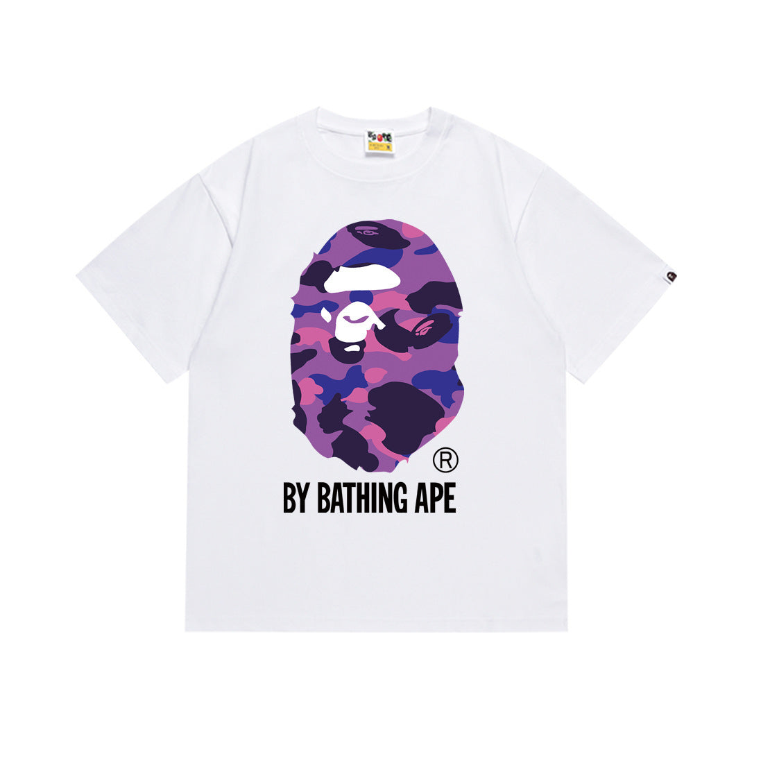 White Bape T-shirt with purple camo ape graphic and BY BATHING APE print