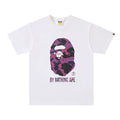 Men's white crewneck short-sleeve T-shirt with purple camo ape face graphic