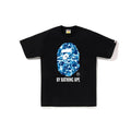 Black BAPE T-shirt with blue camo ape logo and “BY BATHING APE” print