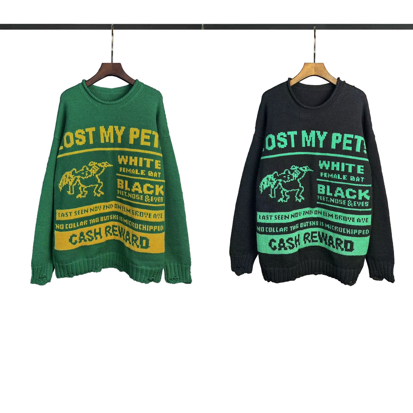 Green crewneck sweatshirt with “LOST MY PET” graphic and “CASH REWARD” text at hem