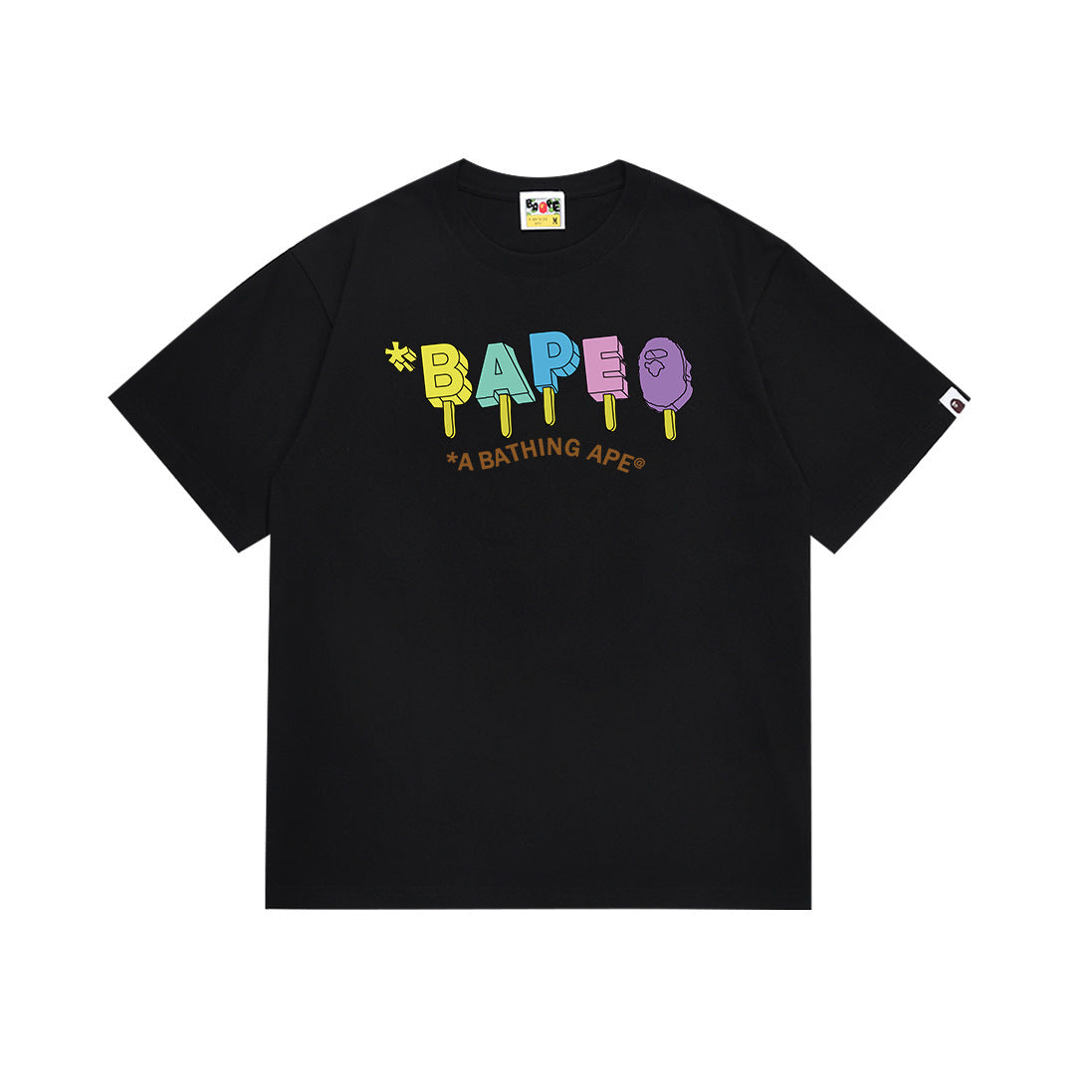 Black BAPE graphic T-shirt with colorful logo print
