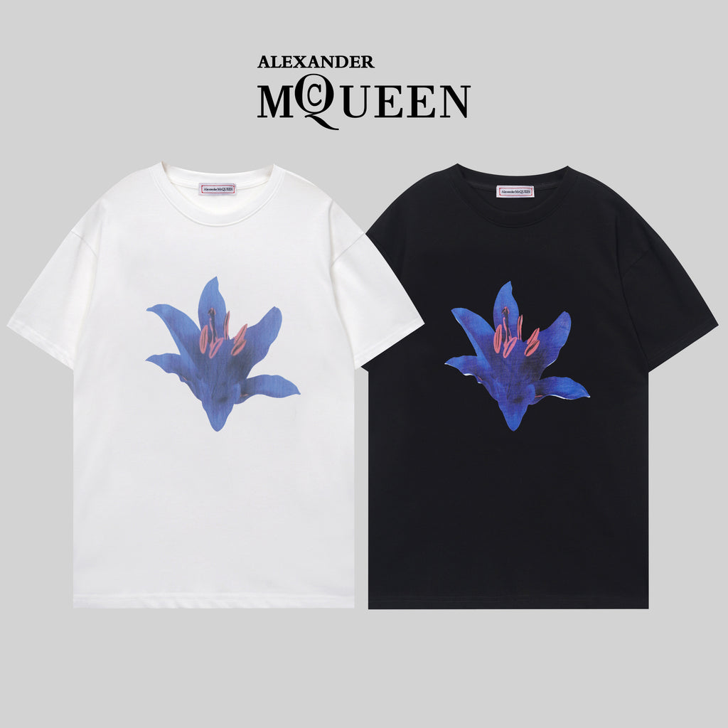 Alexander McQueen cotton T-shirts, white and black, blue flower graphic front